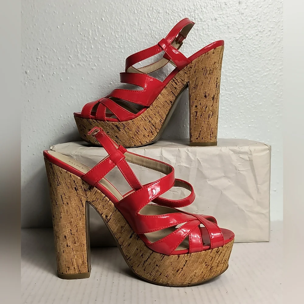 Nine West AG 6M Red Cork Platform Sandals Casual